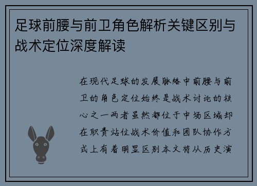 足球前腰与前卫角色解析关键区别与战术定位深度解读
