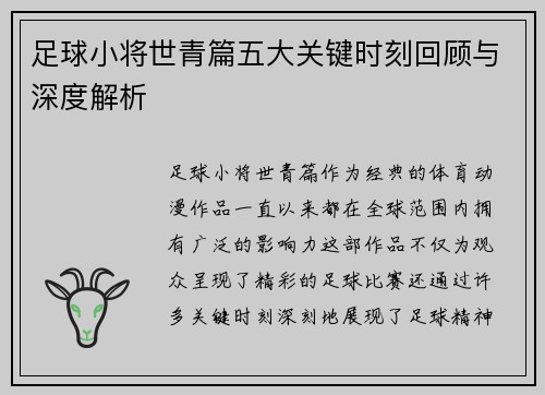 足球小将世青篇五大关键时刻回顾与深度解析